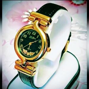 Le Beau 12K Black Hills Gold Leaves Diamond Quartź Women's Watch Leather Band